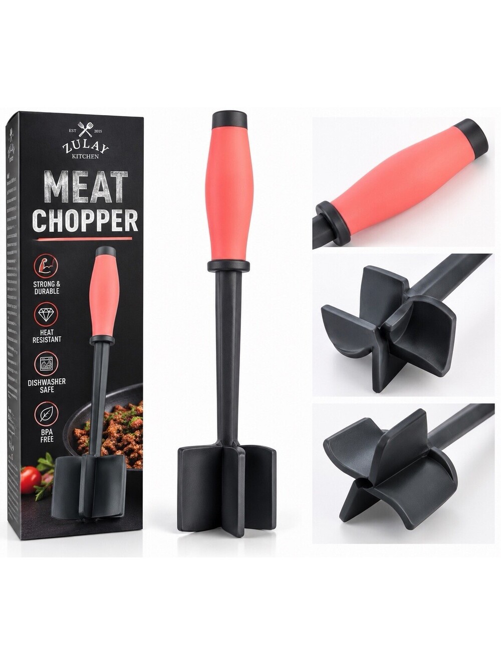 🪸 Zulay Kitchen Meat Chopper – Heat Resistant Ground Meat Masher – Coral – New